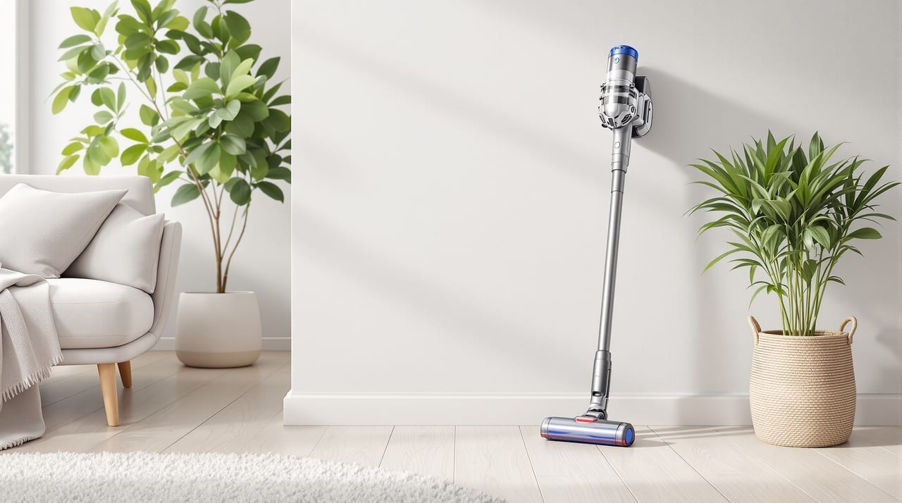 Akku-Stielstaubsauger im Wohnzimmer - Symbolbild zum Akku-Staubsauger-Test