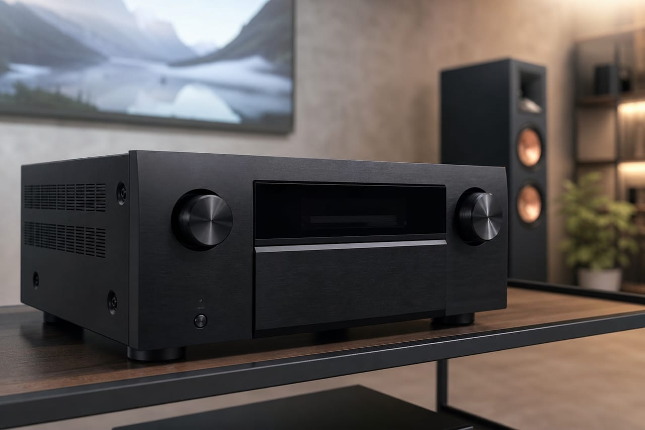 AV-Receiver in einem Heimkino-Rack mit Lautsprechern