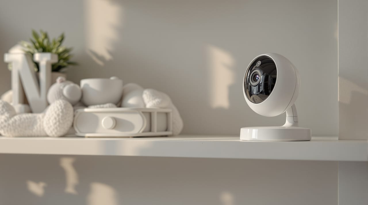 Babyphone mit Kamera auf einem Regal im Kinderzimmer