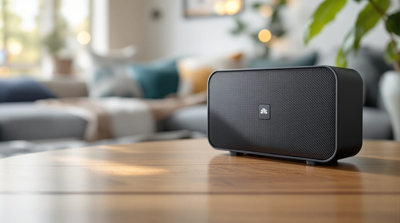Bluetooth-Lautsprecher auf einem Holztisch im Wohnzimmer