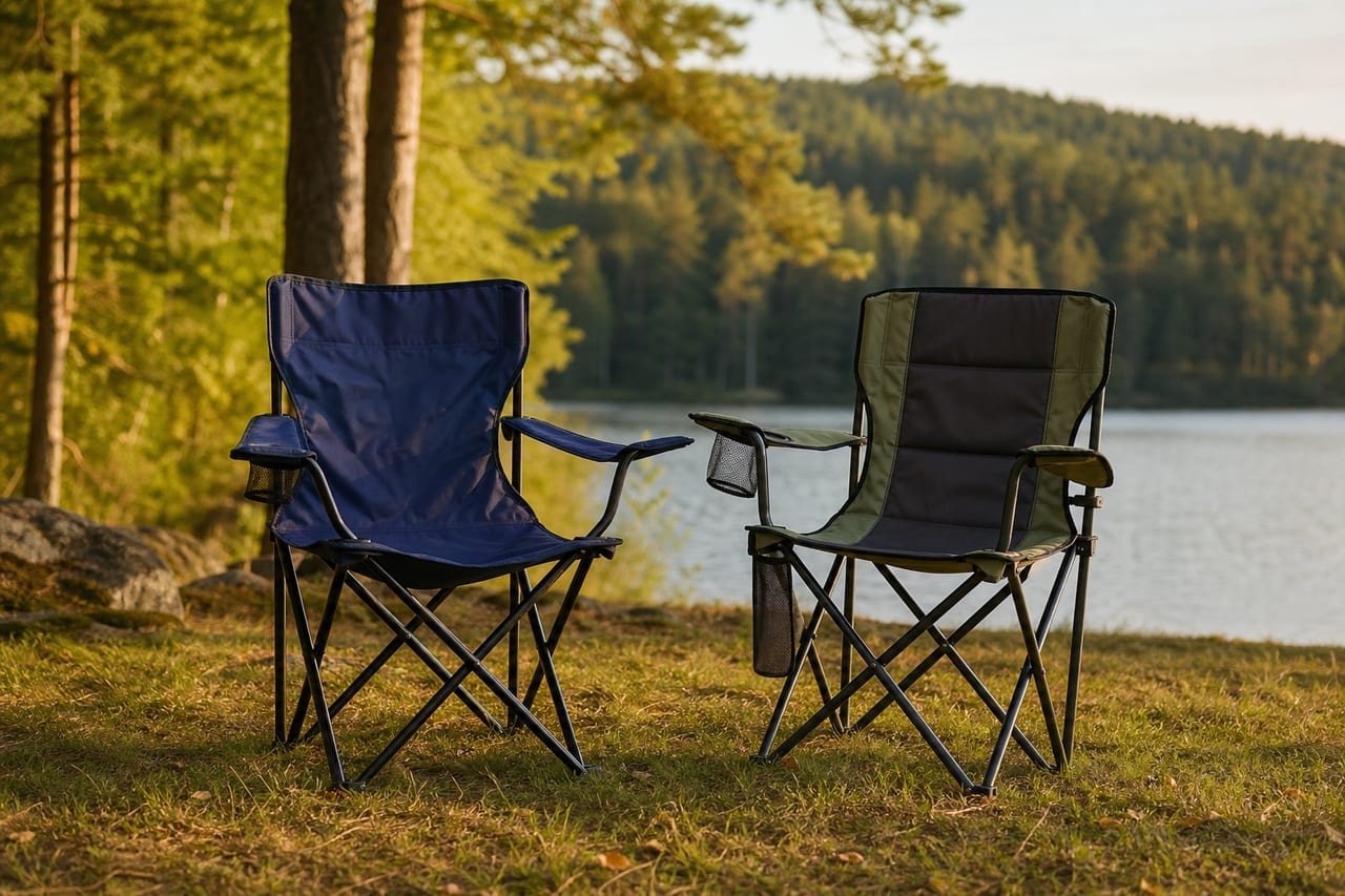 Zusammenklappbarer Campingstuhl auf einer Wiese vor Zelt - Symbolbild zum Campingstuhl-Test