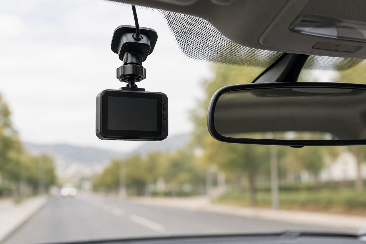 Dashcam an der Windschutzscheibe eines Autos - Symbolbild zum Dashcam-Test