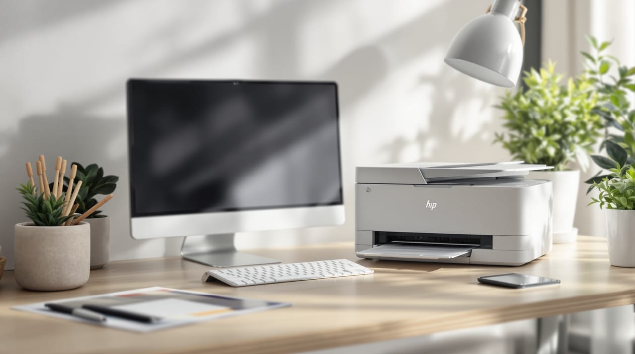 Kompakter Drucker auf einem Homeoffice-Schreibtisch
