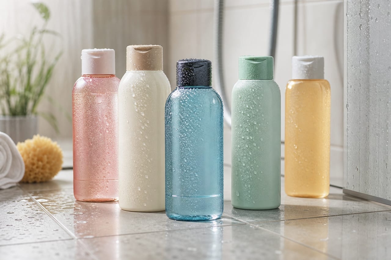 Duschgel-Flasche auf einer hellen Ablage in der Dusche