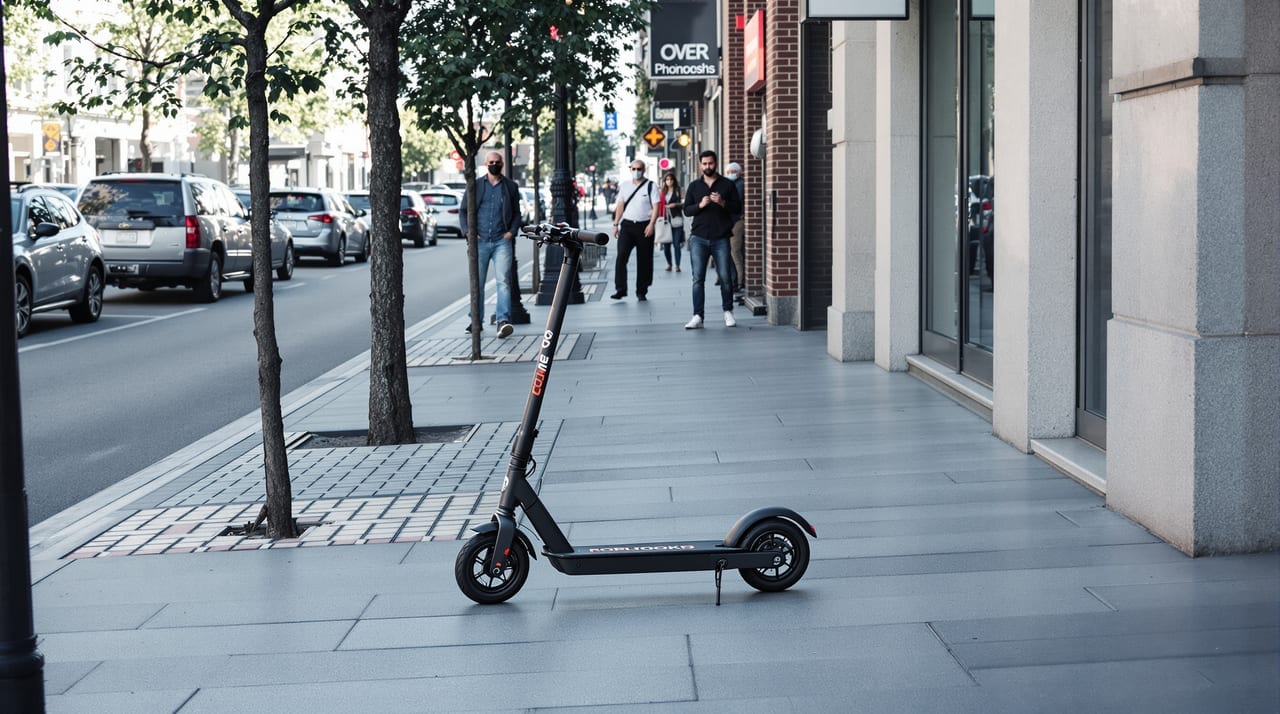 E-Scooter steht auf einem Gehweg in der Stadt