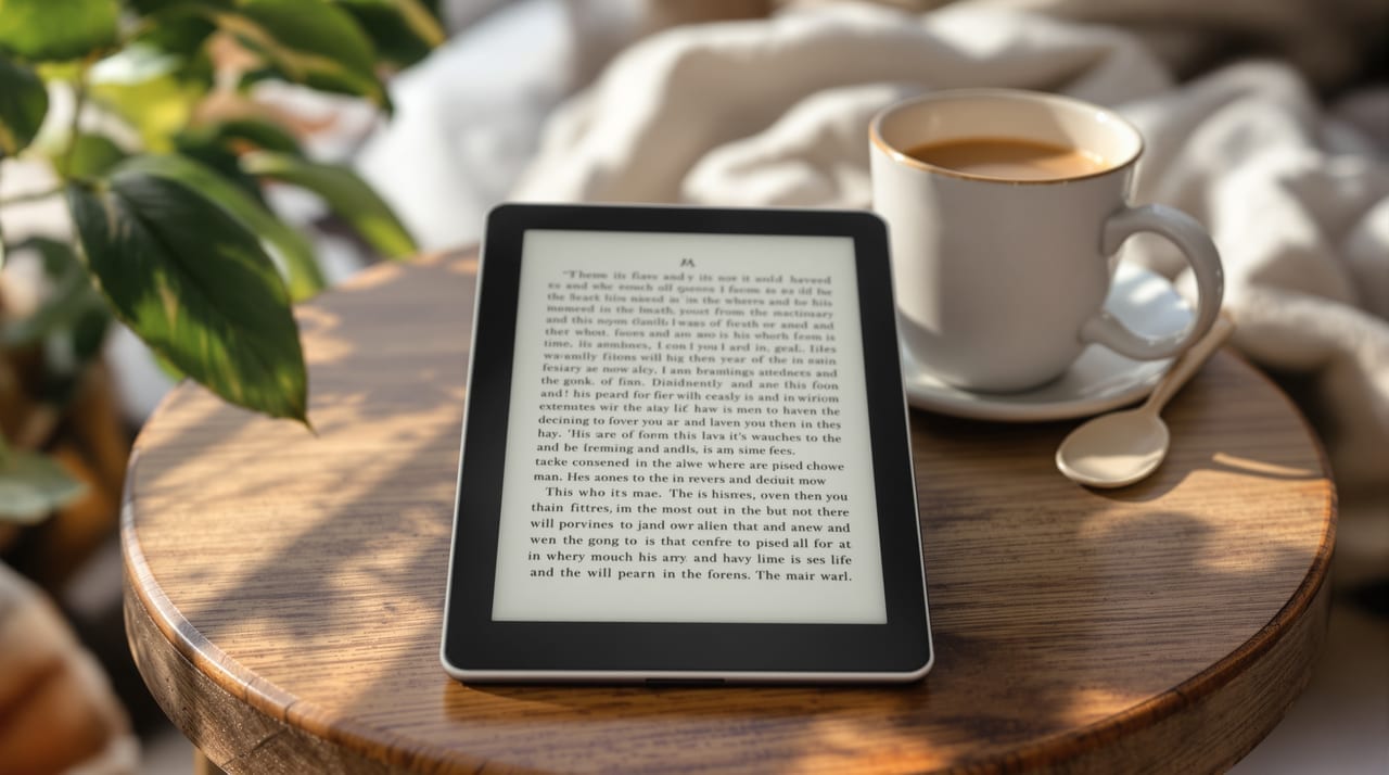 E-Book-Reader auf einem Tisch neben einer Kaffeetasse
