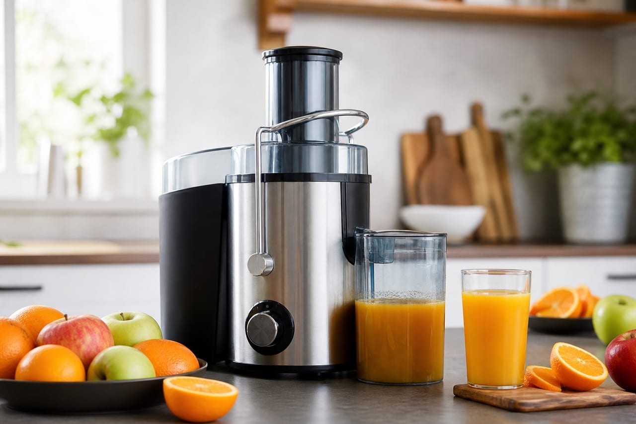 Frisch gepresster Orangensaft neben einem Entsafter auf einer hellen Küchenarbeitsplatte