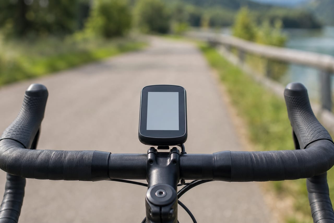 GPS-Fahrradcomputer am Lenker eines Rennrads vor sommerlicher Landschaft