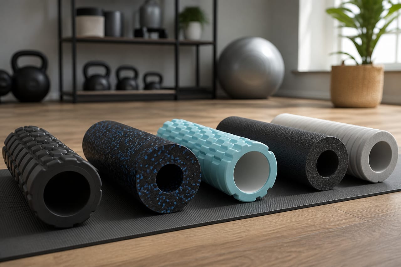 Faszienrolle auf einer Yogamatte im hellen Wohnraum - Symbolbild zum Faszienrollen-Test