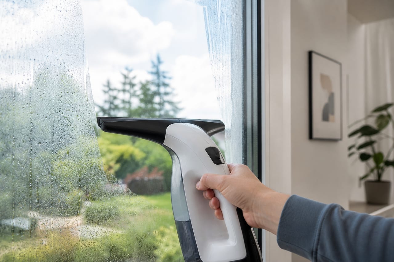 Akku-Fenstersauger an einer Glasscheibe - Symbolbild zum Fenstersauger-Test