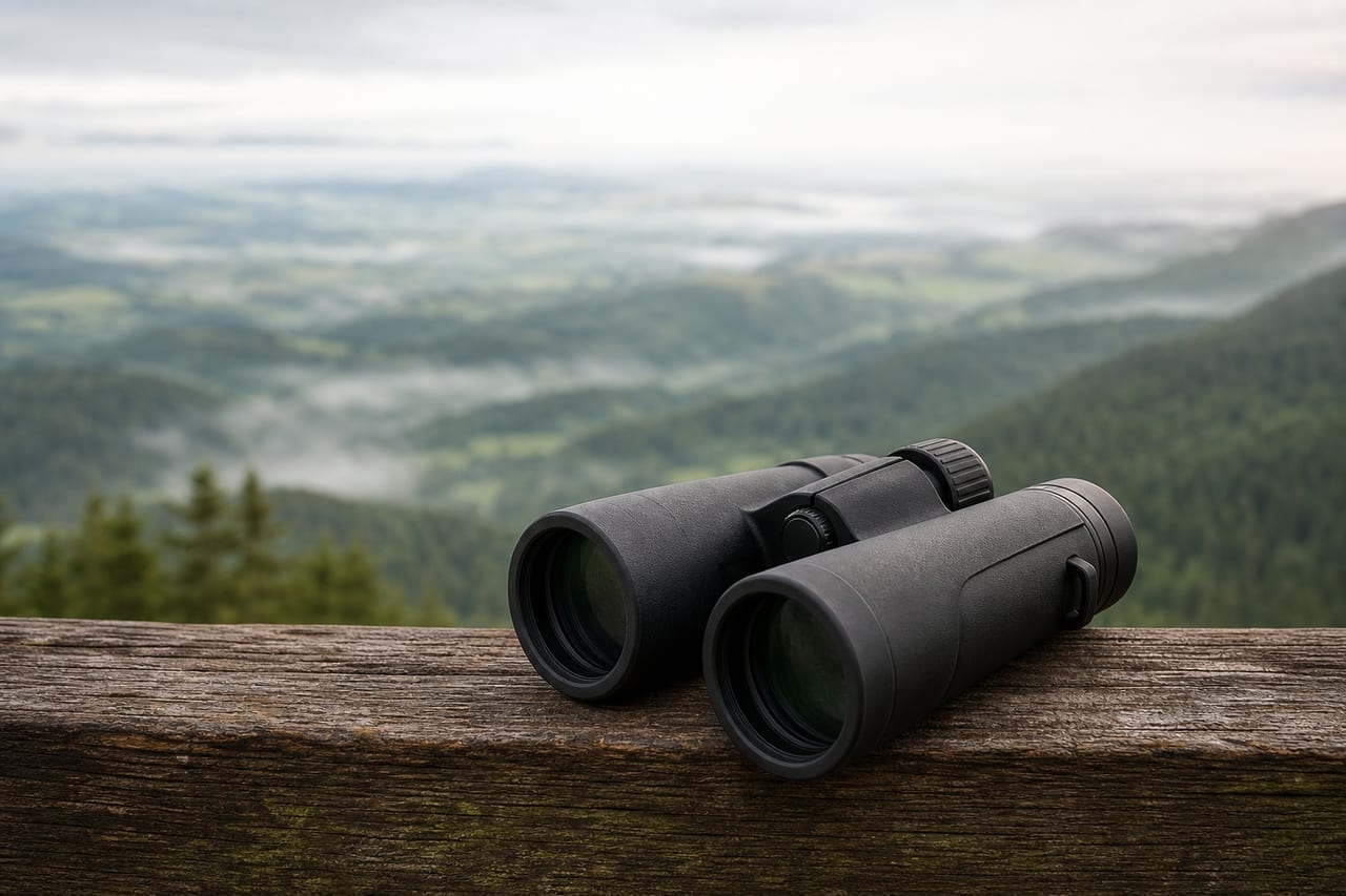 Fernglas 10x42 auf einem Holztisch im Freien - Symbolbild zum Fernglas-Test