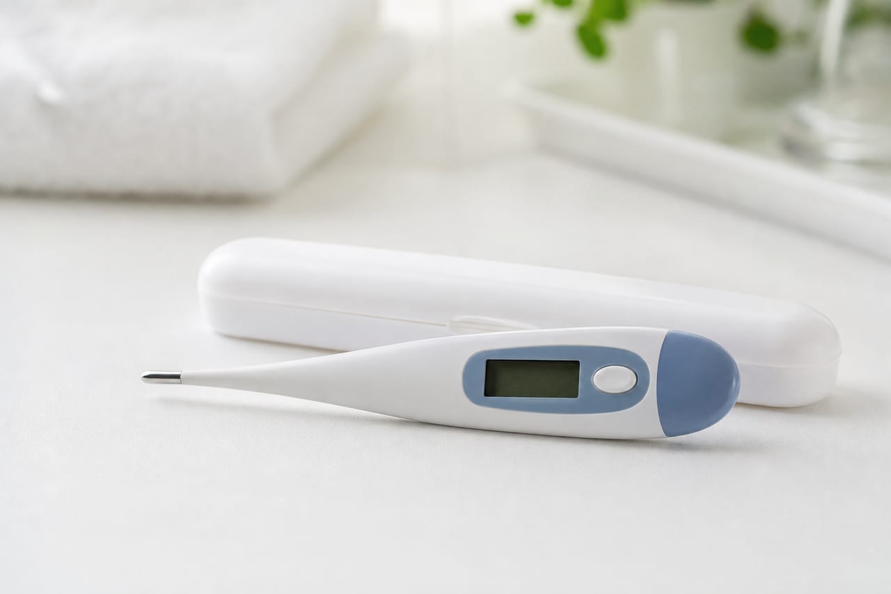 Digitales Fieberthermometer auf einer hellen Ablage - Symbolbild zum Fieberthermometer-Test