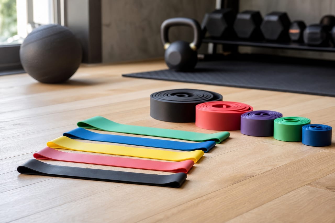 Fitnessbänder in verschiedenen Stärken auf einer Trainingsmatte
