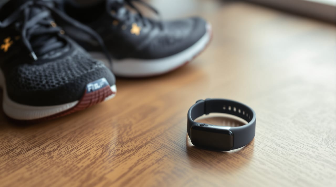 Fitnesstracker-Armband neben Laufschuhen