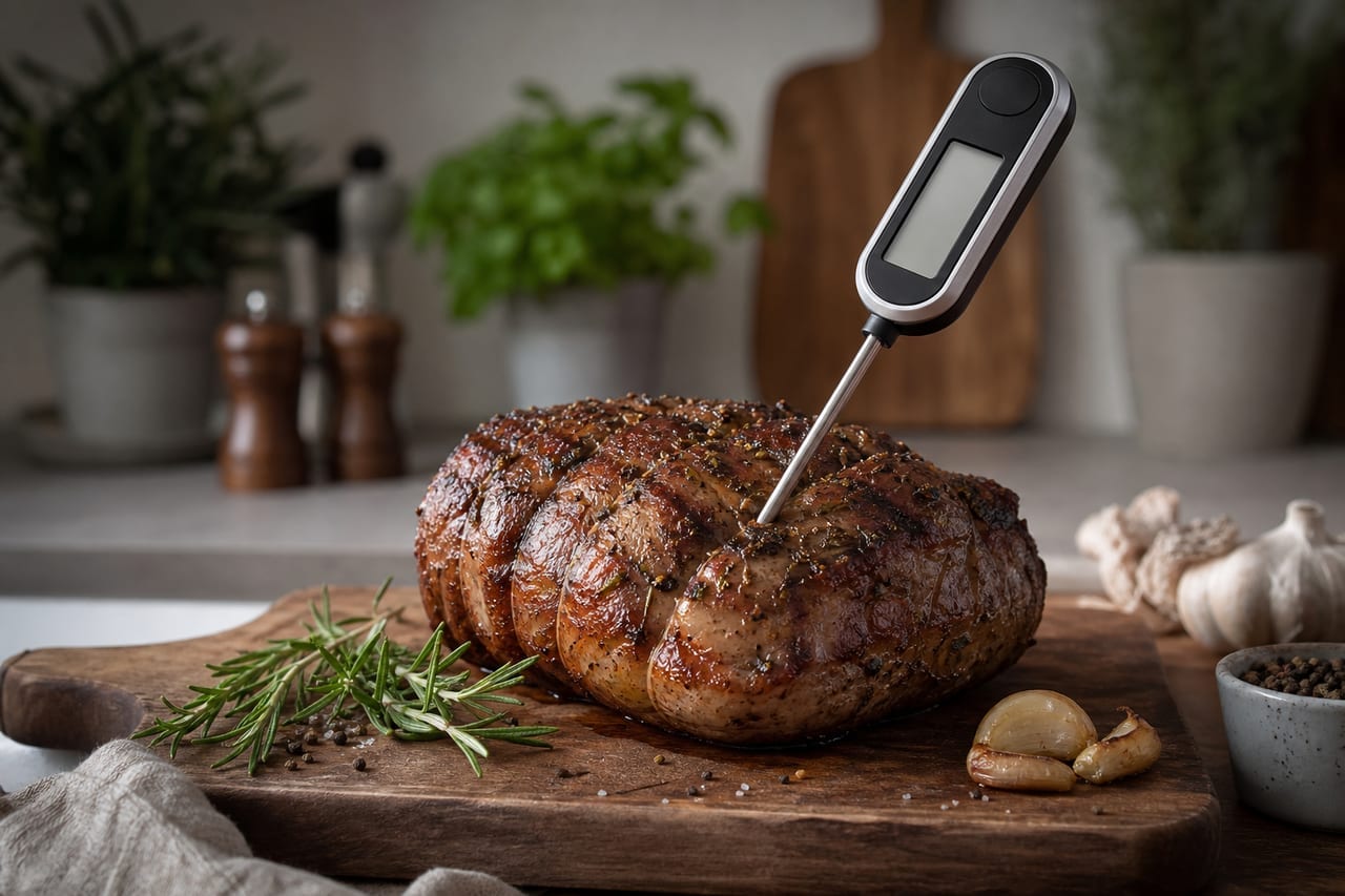 Fleischthermometer mit Einstichfühler in einem Braten - Symbolbild zum Fleischthermometer-Test