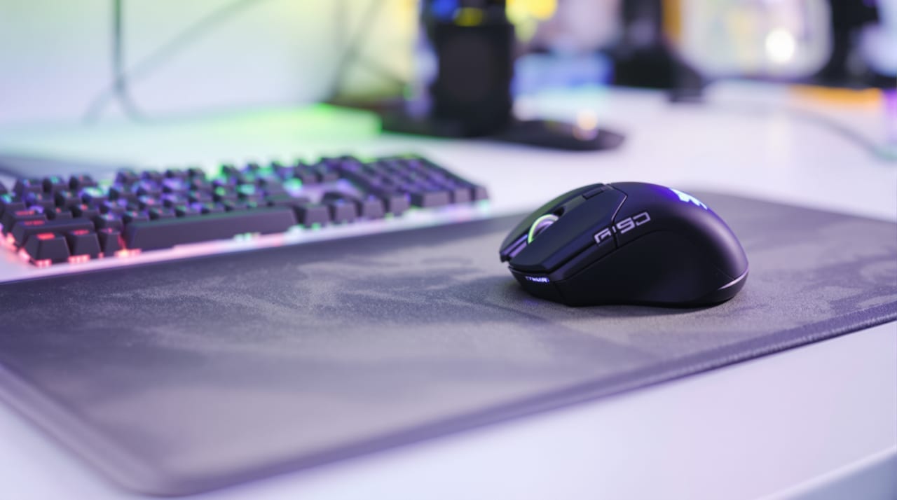 Gaming-Maus auf einem Mauspad neben einer Tastatur