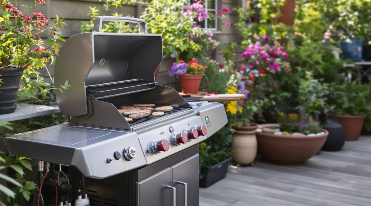 Gasgrill auf einer Gartenterrasse