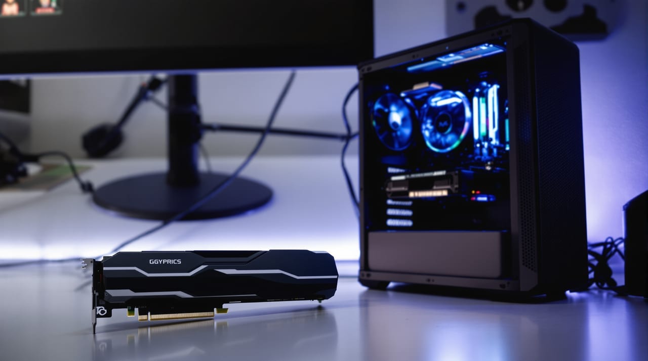 Grafikkarte auf einem Schreibtisch neben einem PC