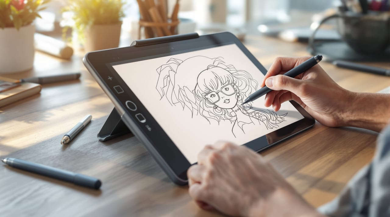 Grafiktablett mit Stift auf einem Schreibtisch