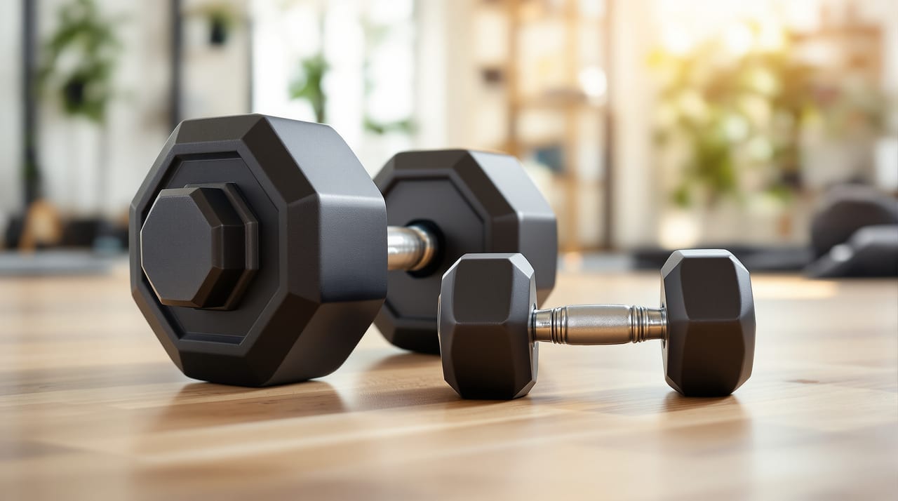 Kurzhanteln auf einem Holzboden im Fitnessraum