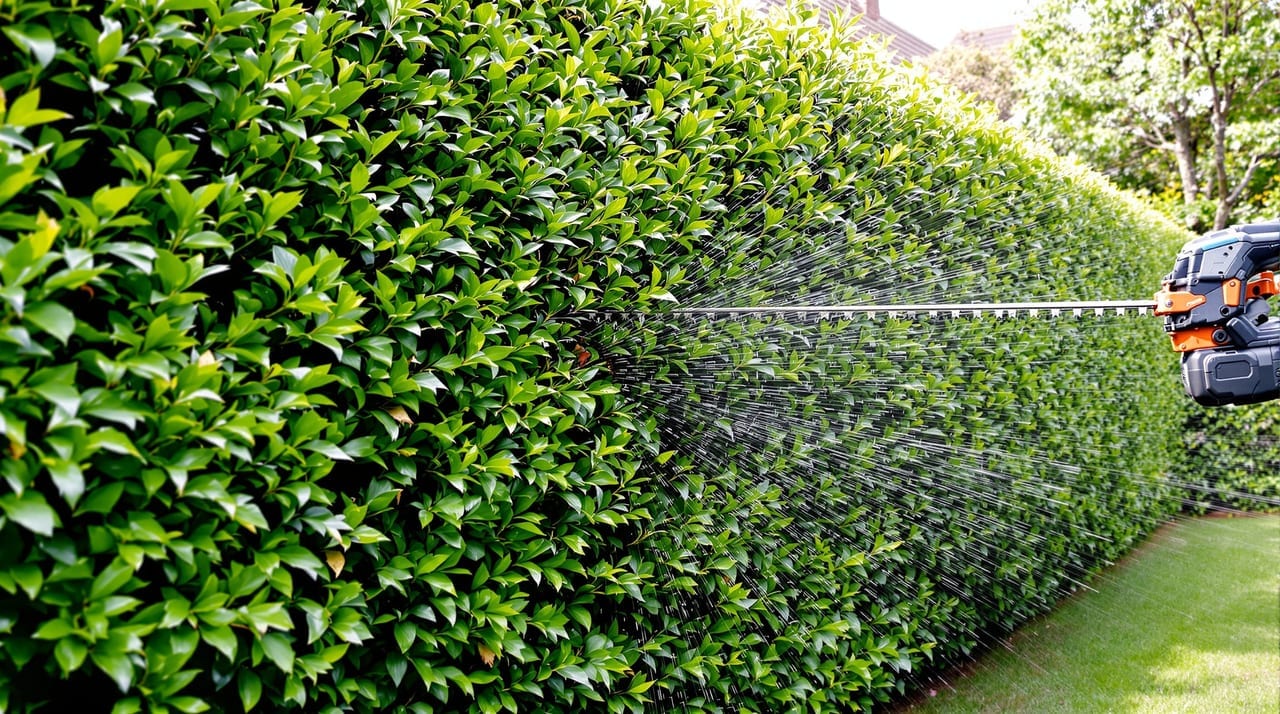 Heckenschere schneidet eine grüne Hecke