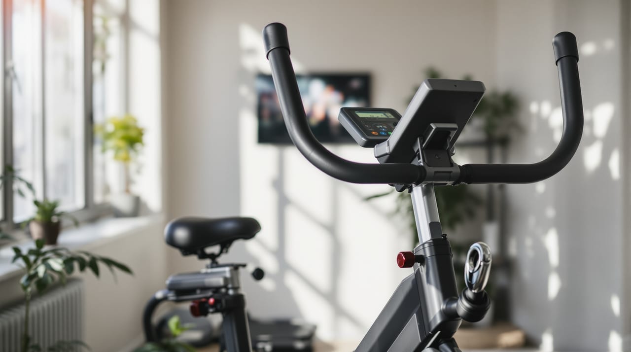 Heimtrainer-Fahrrad in einem hellen Fitnessraum