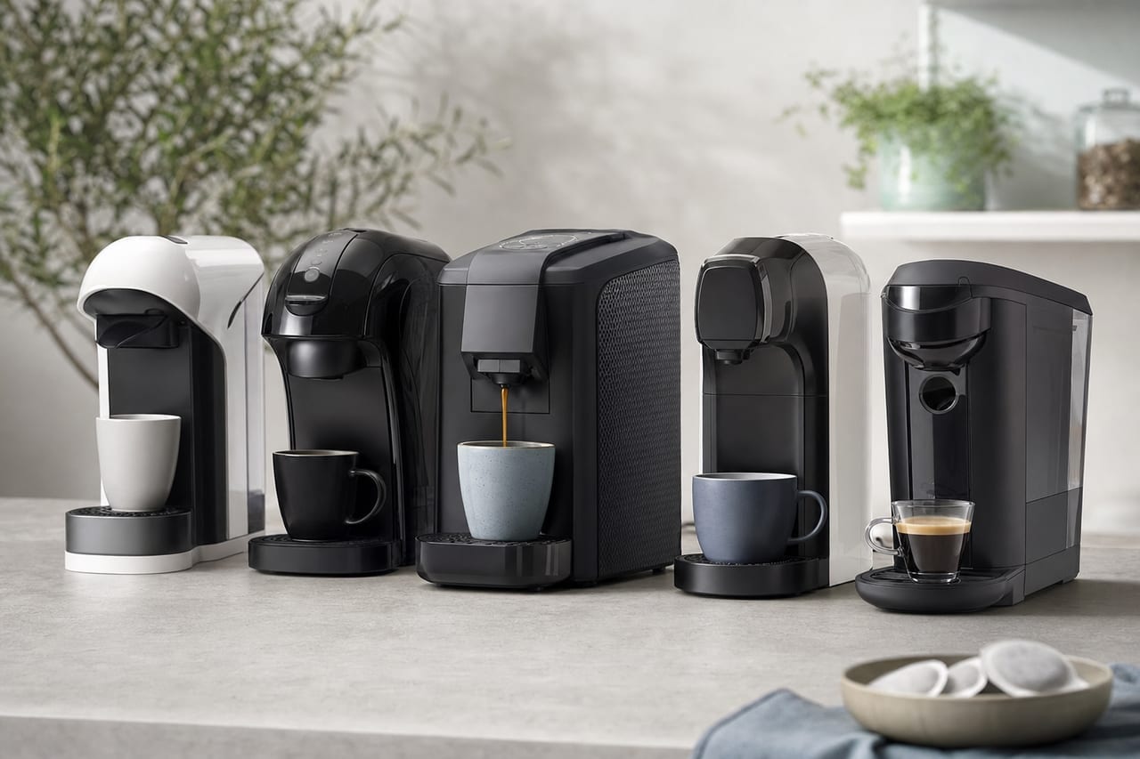 Kaffeepadmaschine mit Tasse auf einer hellen Küchenarbeitsplatte