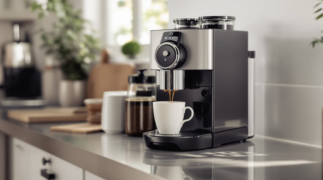 Kaffeevollautomat füllt eine Tasse auf der Küchenablage