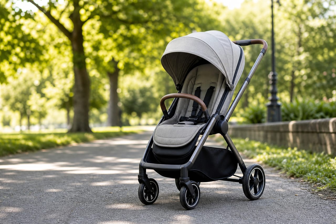 Kombikinderwagen auf einem Gehweg im Park