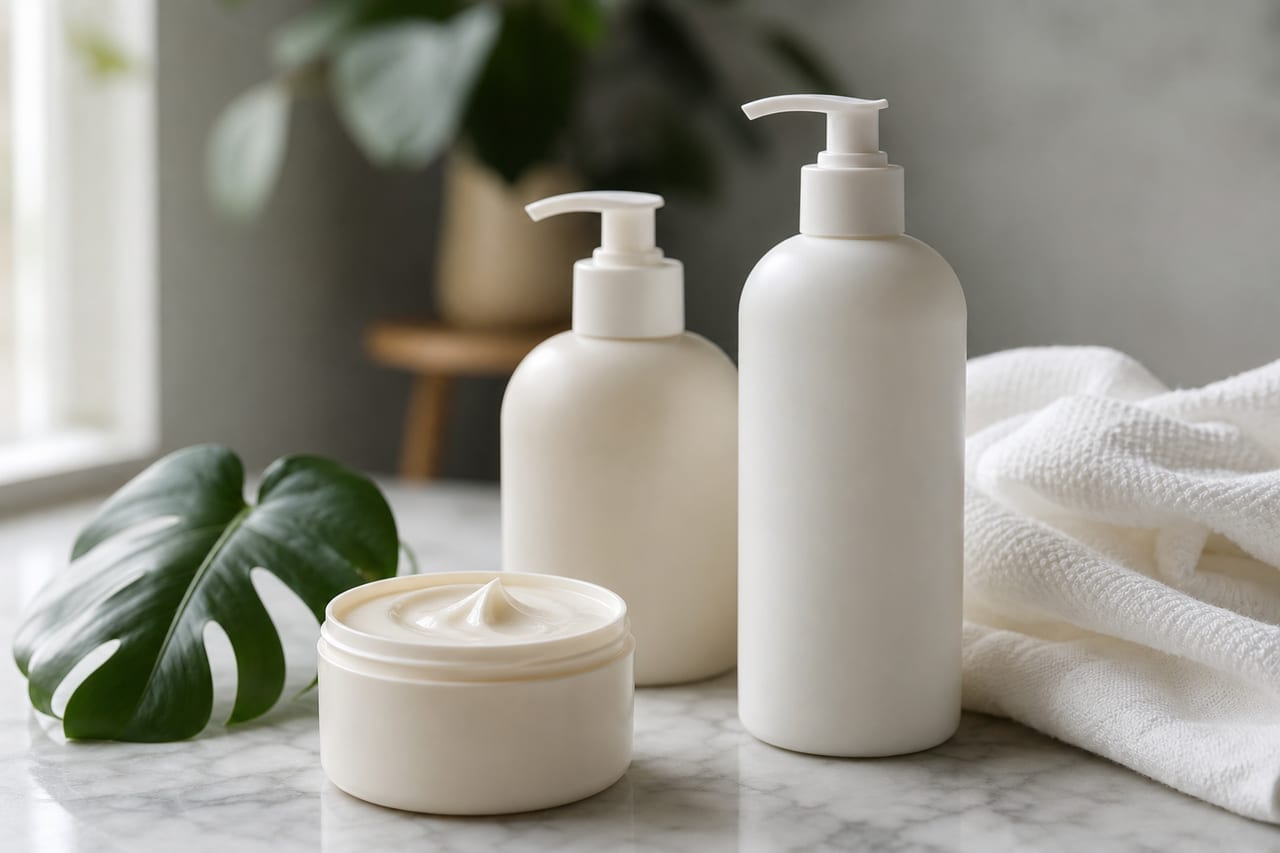 Körperlotion-Flasche auf einer hellen Badezimmerablage