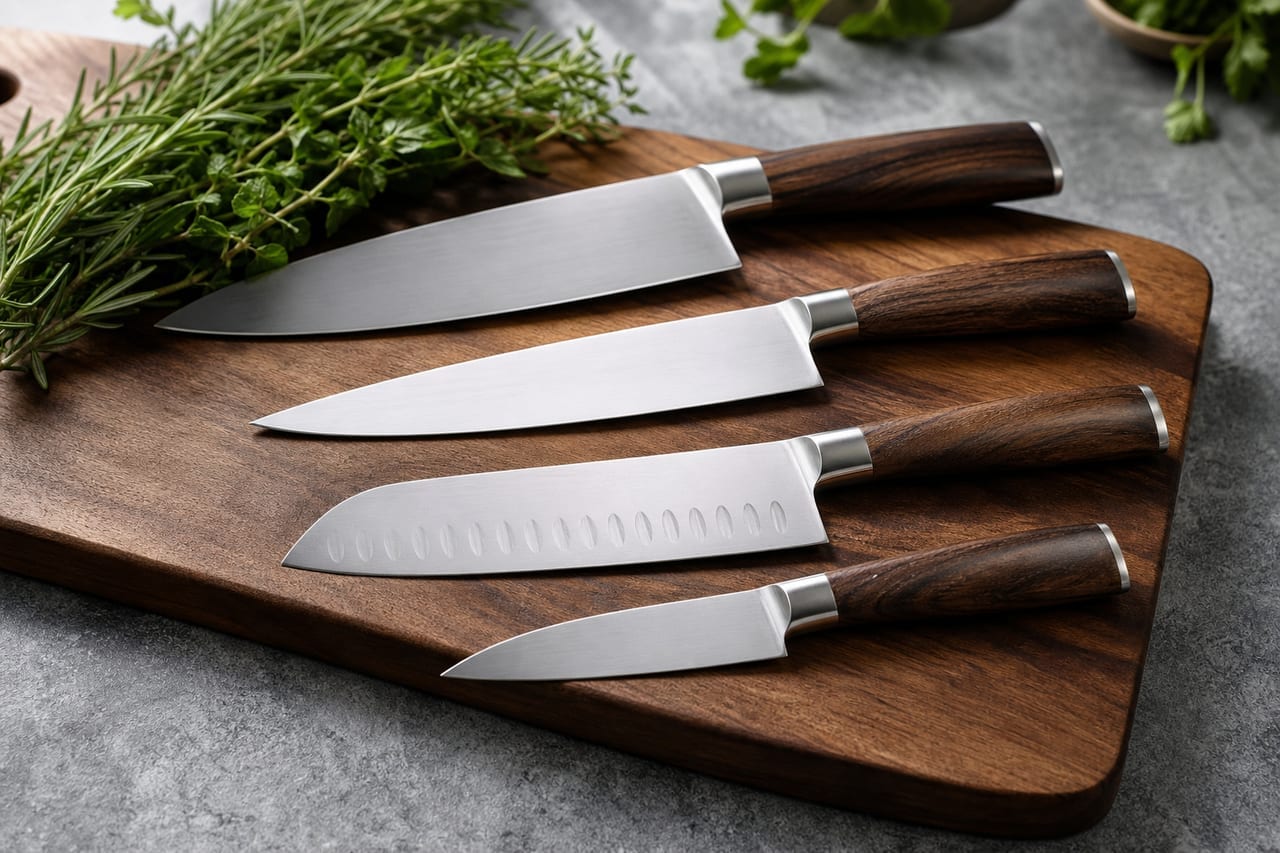 Kochmesser auf einem Holzschneidebrett mit frischem Gemüse - Symbolbild zum Küchenmesser-Test