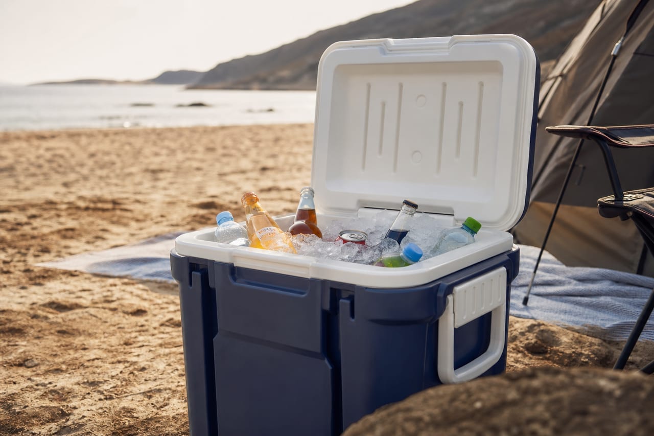 Kühlbox am See mit Getränken auf einer Picknickdecke - Symbolbild zum Kühlboxen-Test