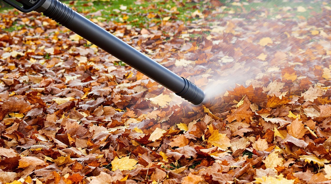 Laubbläser auf Herbstlaub im Garten