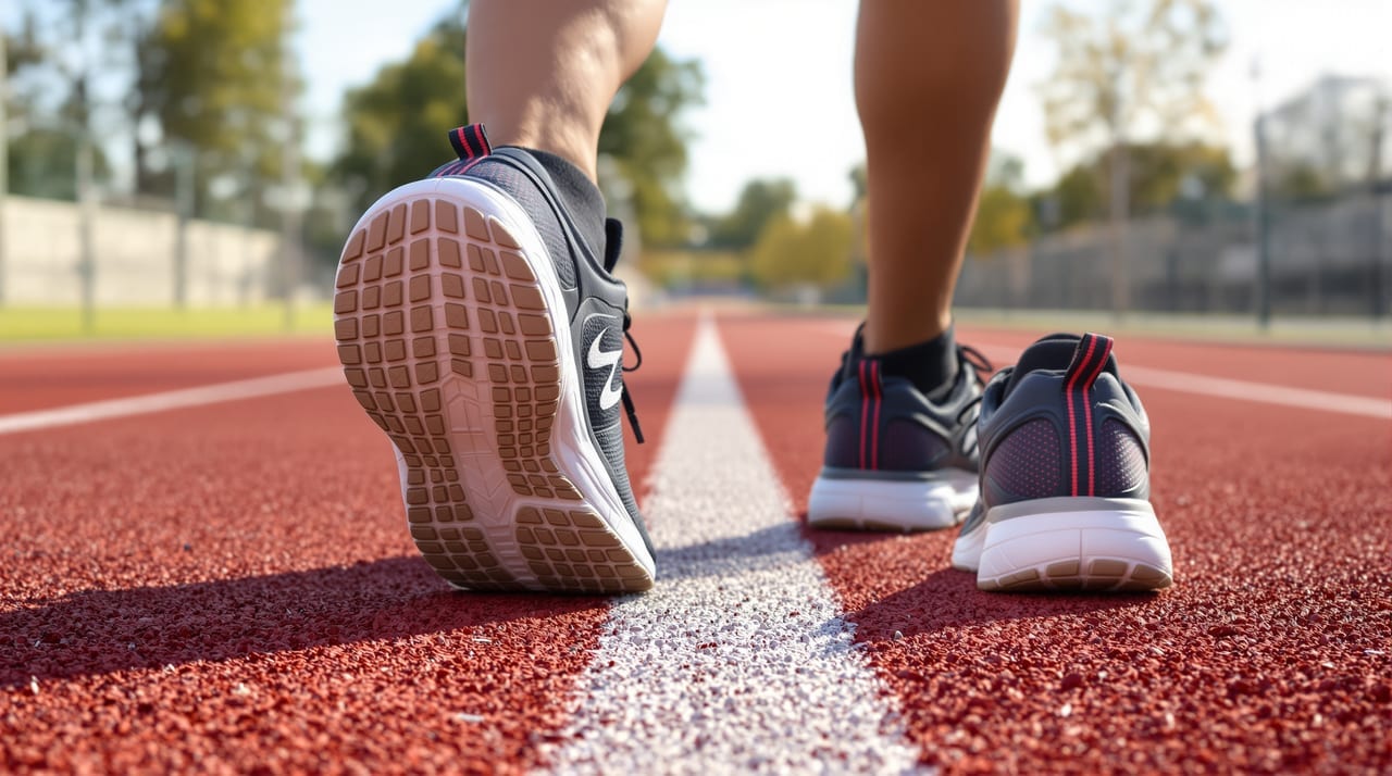 Paar Laufschuhe auf einer Laufbahn im Freien