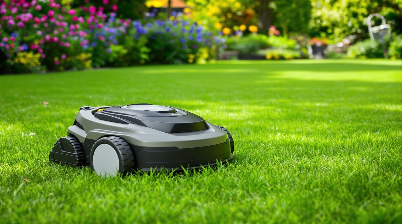 Mähroboter auf einem grünen Rasen im Garten