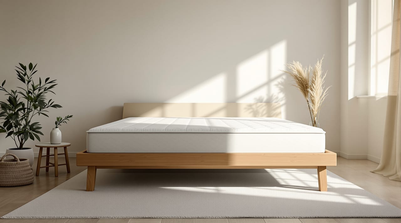 Matratze auf einem Holzbett im hellen Schlafzimmer - Symbolbild zum Matratzen-Test