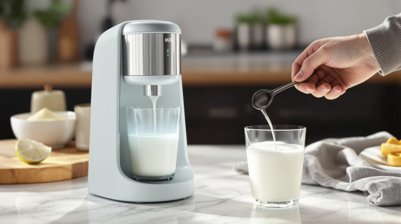 Milchaufschäumer mit aufgeschäumter Milch auf der Küchenablage