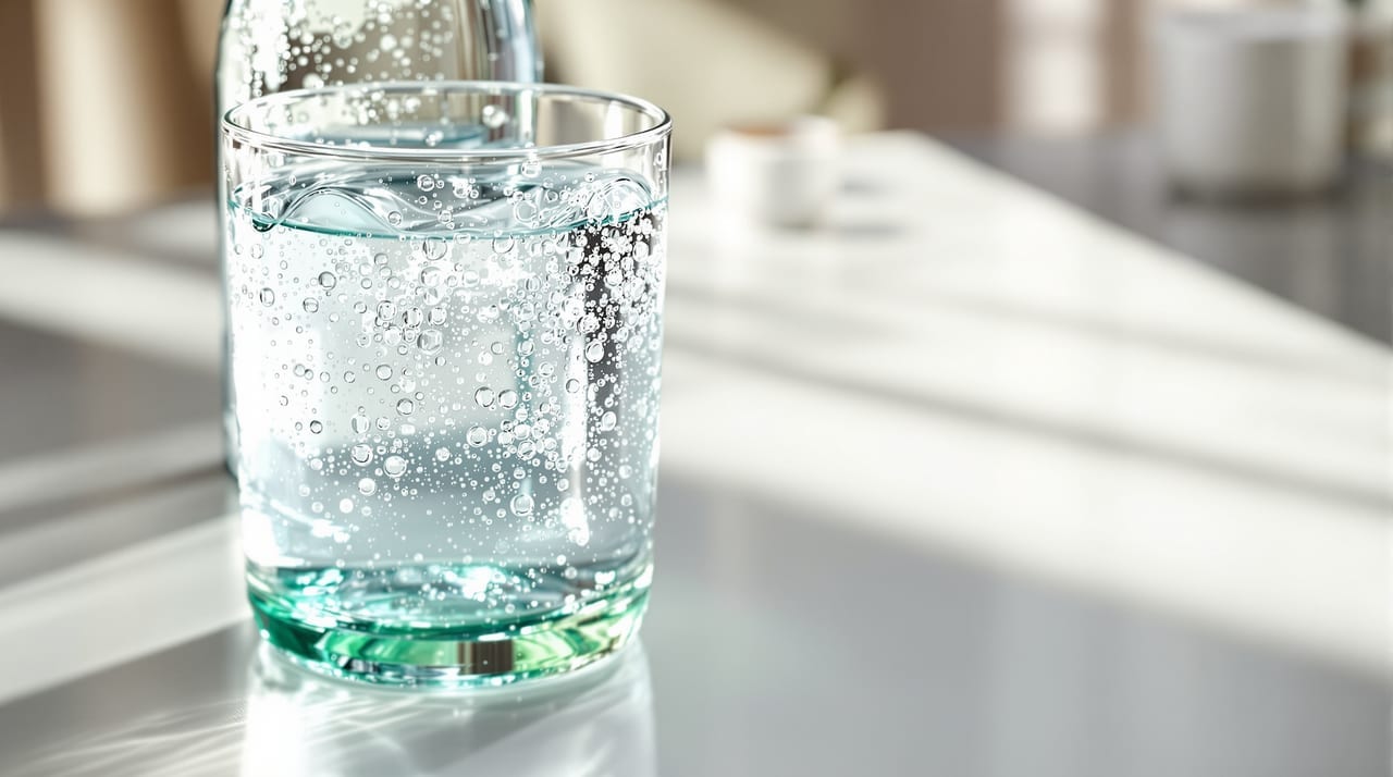 Glas Mineralwasser mit Perlen neben einer Flasche