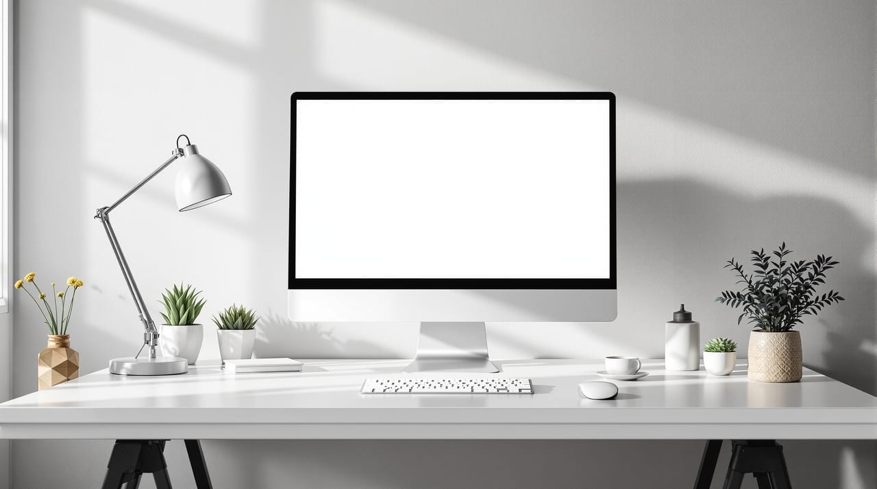 Computermonitor mit leerem Bildschirm auf einem aufgeräumten Schreibtisch