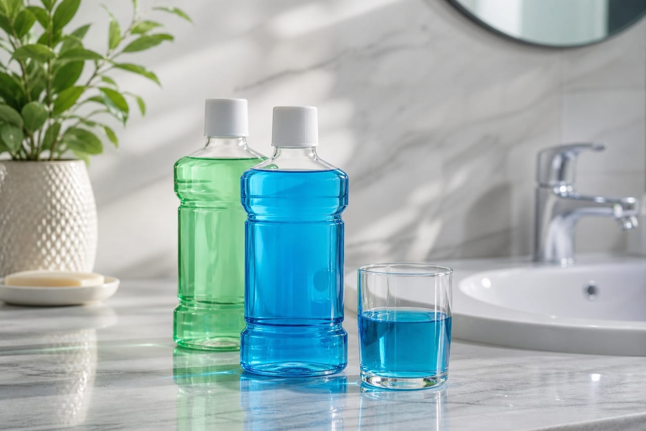 Glas mit Mundspülung neben einer Zahnbürste auf einem hellen Badezimmerregal