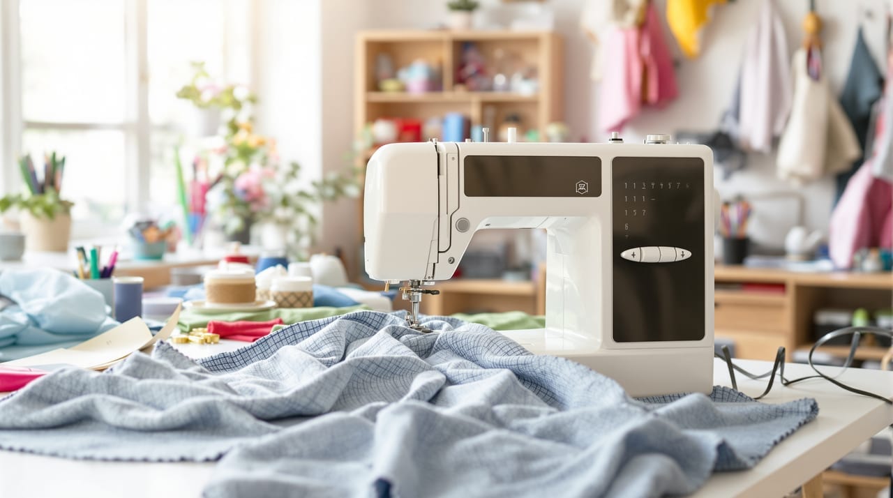 Nähmaschine mit Stoff auf einem Tisch