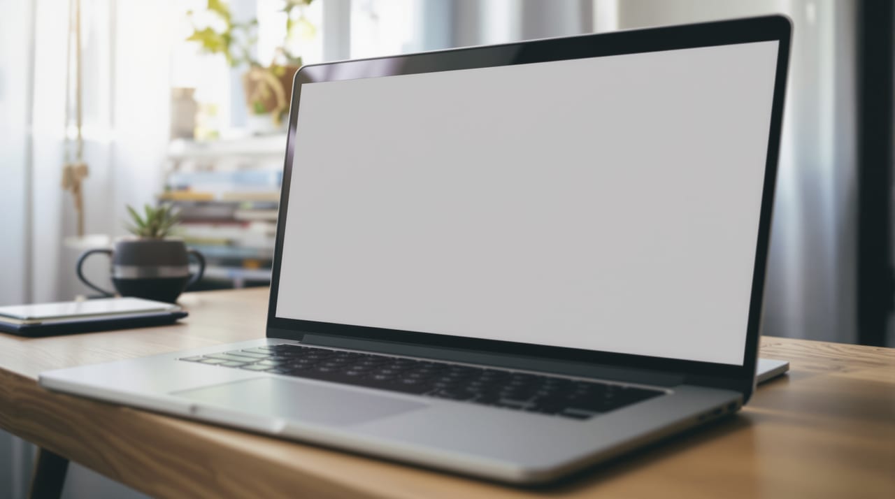 Notebook aufgeklappt auf einem Holzschreibtisch
