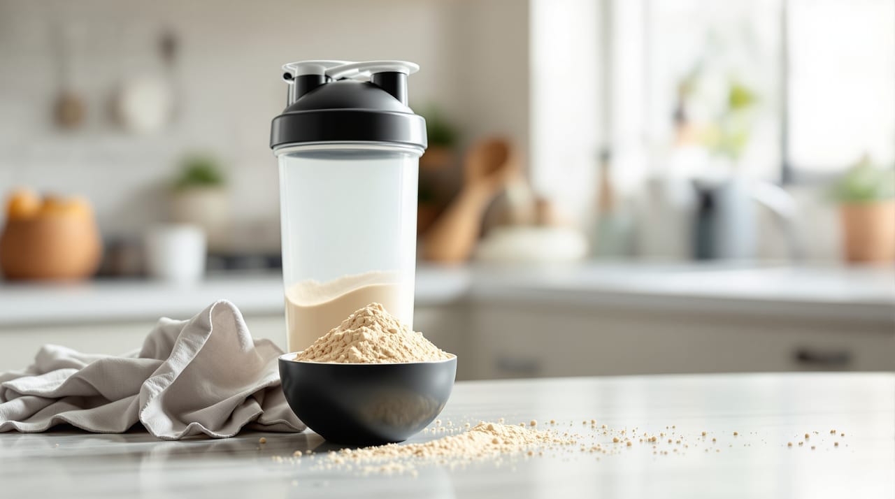 Shaker und eine Portion Proteinpulver auf der Küchenablage