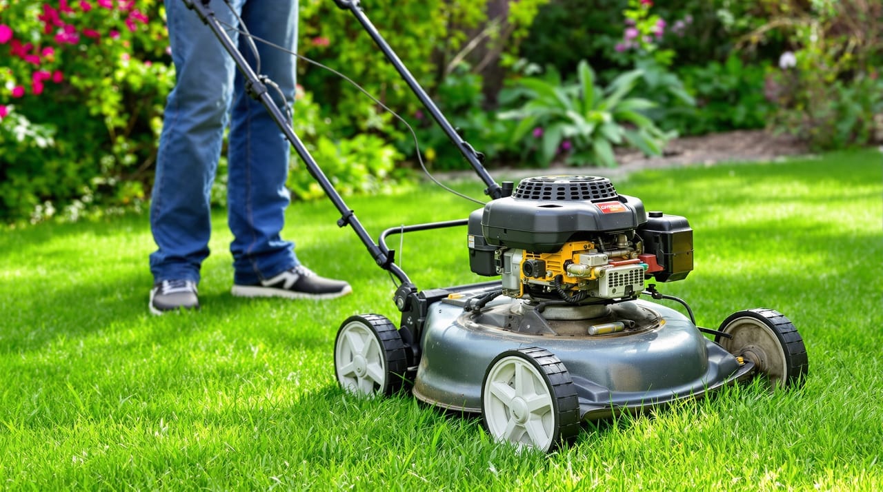 Rasenmäher auf einem grünen Rasen im Garten