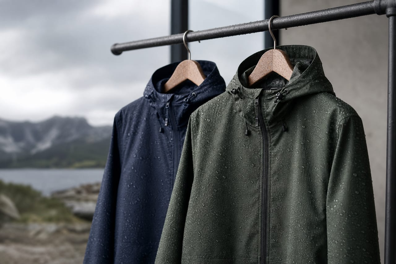 Regenjacke mit Kapuze vor verregneter Berglandschaft - Symbolbild zum Regenjacken-Test