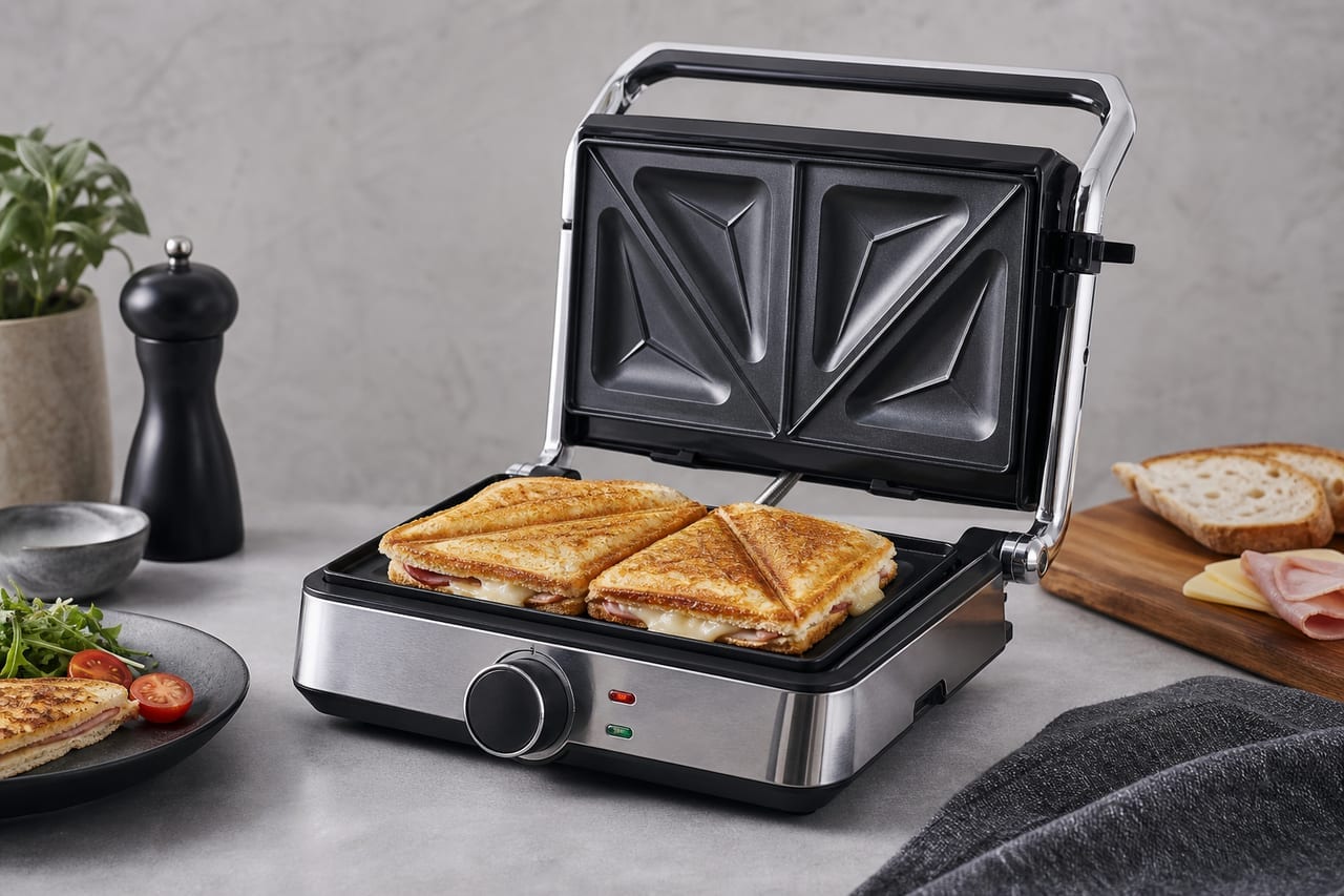 Sandwichmaker mit goldbraun getoastetem Sandwich auf einer hellen Küchentheke