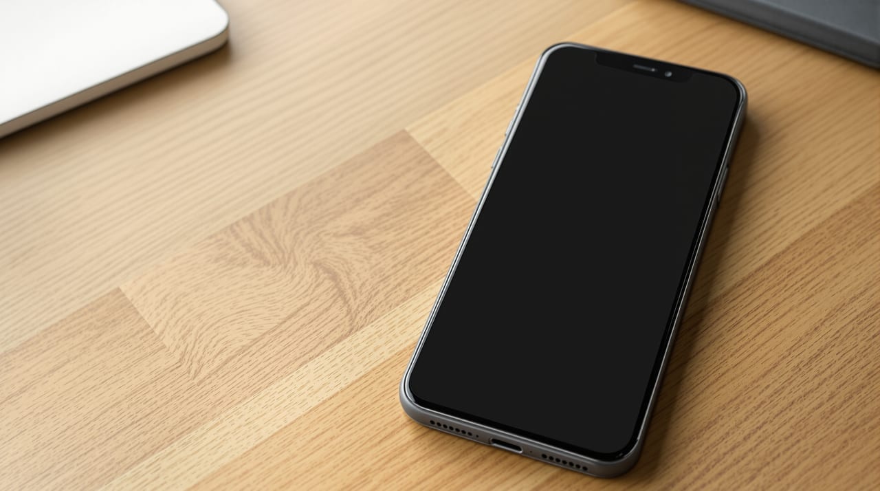 Smartphone mit leerem Display auf einem Holztisch