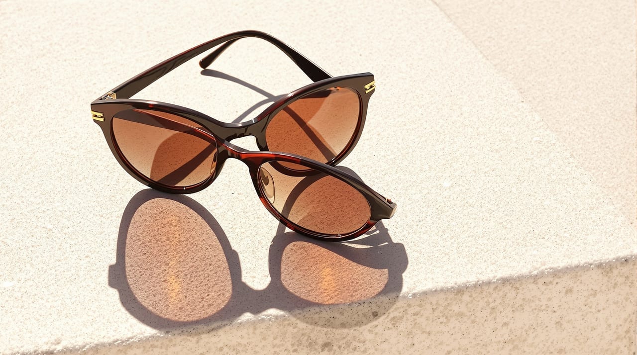 Sonnenbrille auf heller Steinfläche im Sonnenlicht