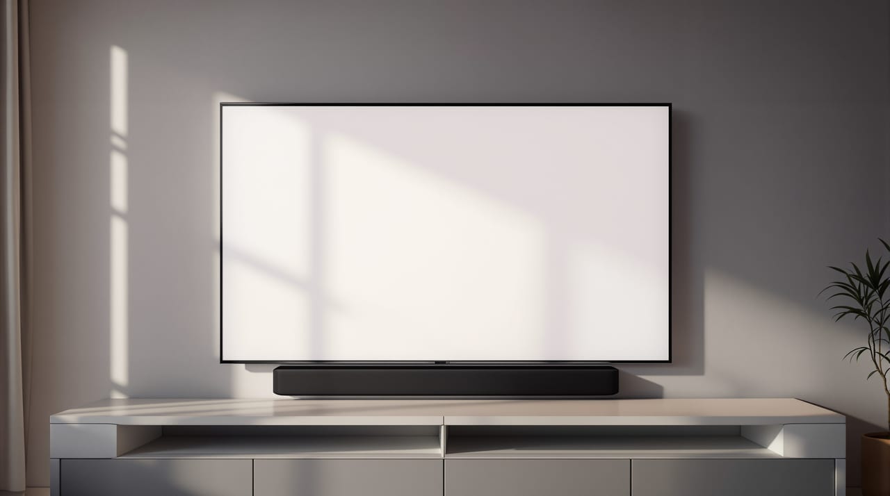 Soundbar unter einem wandmontierten Fernseher im Wohnzimmer