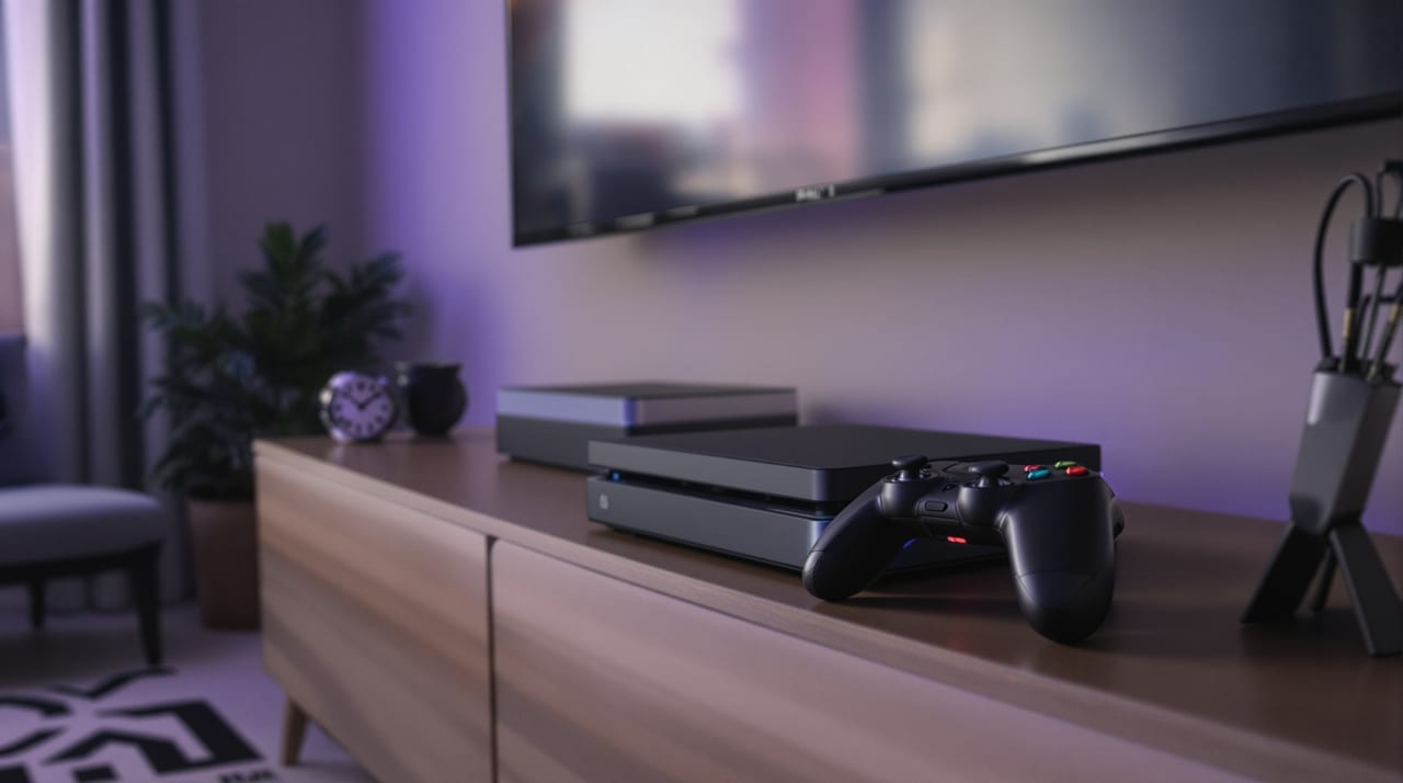 Spielekonsole mit Controller auf einem Sideboard im Wohnzimmer